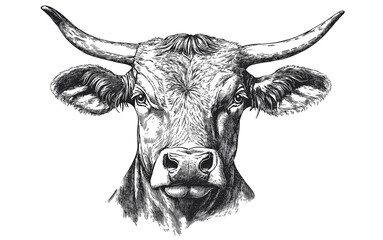 Cow, bull, farm. Vintage retro print, black white cow sketch ink pencil style drawing, engrave old school. Sketch artwork silhouette farm cow, white background. Side view profile. Illustration