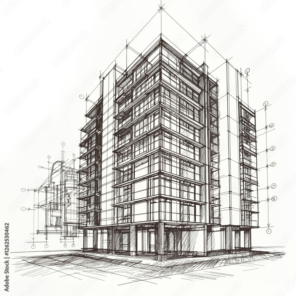 Poster architectural sketch of building line on white background . generative ai