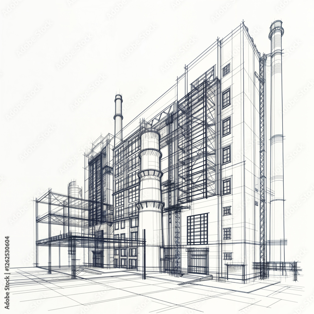 Aufkleber architectural sketch of building line on white background . generative ai