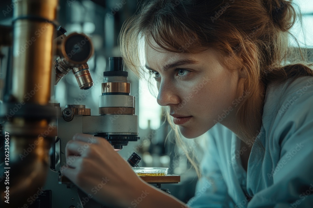 Poster a focused female scientist meticulously examines a sample under a microscope in a laboratory setting