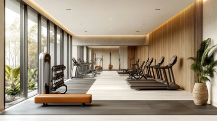 Modern gym workout treadmills city view luxury apartment