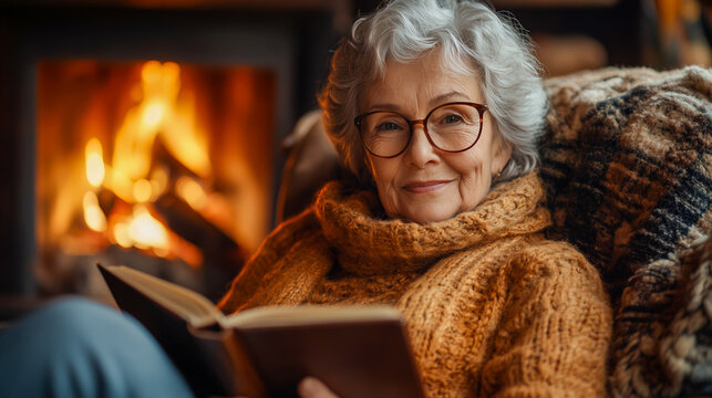 Serene senior woman enjoys a peaceful moment reading by the fireplace in a cozy home setting perfect for lifestyle, relaxation, and retirement visuals.