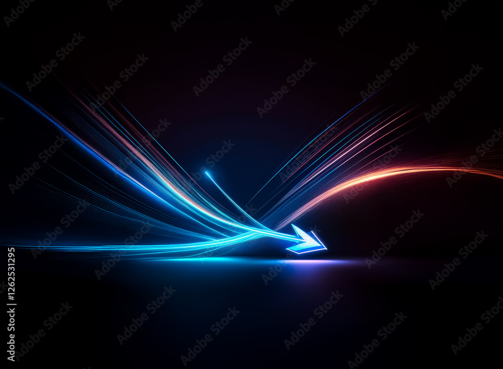 Poster abstract blue and orange light streaks converge into a vibrant arrow pointing downwards, creating a 