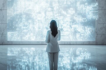 A woman in a white suit observes a large digital screen displaying complex data streams and futuristic cityscapes.