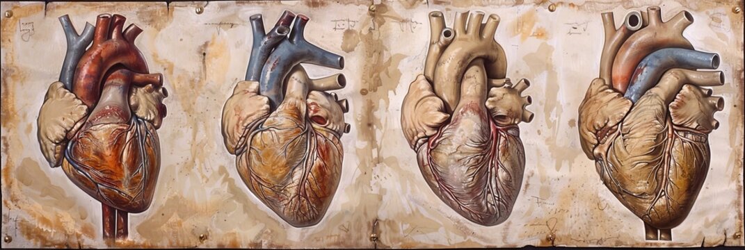 Vintage anatomical heart illustrations depicting human cardiovascular system.