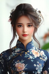 Chinese woman in a white dress with blue porcelain pattern