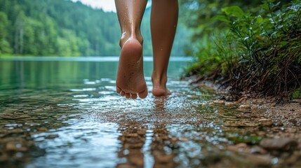 Woman s Bare Feet Walking on Lake Shore Tranquil Nature Scene
