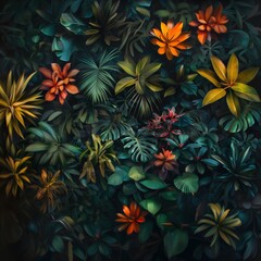 Fototapeta premium dark jungle wall green orange plants exotic flowers lush green leaves