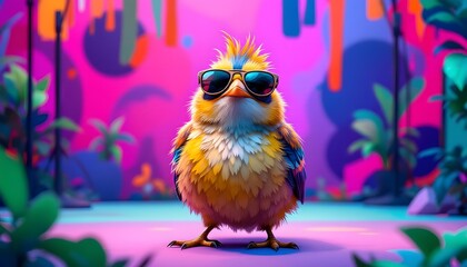 Naklejka premium Cool Bird Wearing Sunglasses in Vibrant Tropical Setting