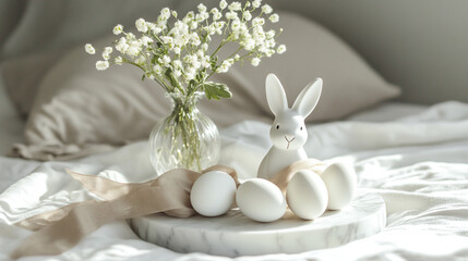 Easter decorations with flowers, eggs and toy bunny. 