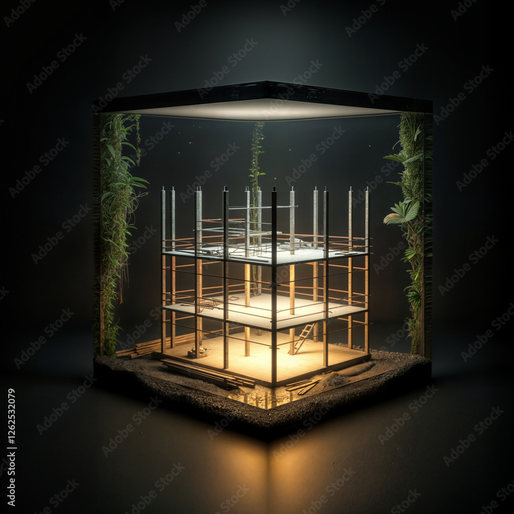Aufkleber dark model of construction of a frame made of reinforced concrete blocks . generative ai