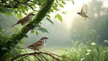 This serene and idyllic image depicts a peaceful natural scene with sparrows as the central focus.