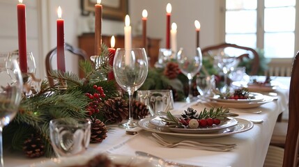 Elegant christmas dining table with candlelit decor and natural accents.