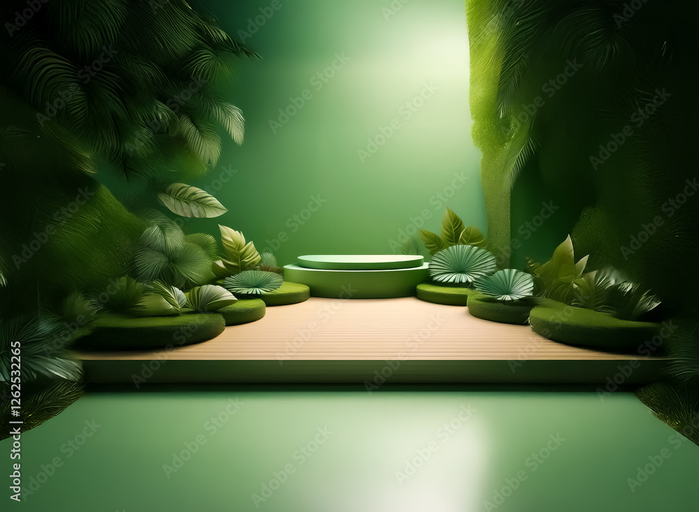 Poster Serene green botanical scene featuring a platform ideal for product display. Lush foliage and soft lighting create a natural, calming atmosphere. Perfect for showcasing items.