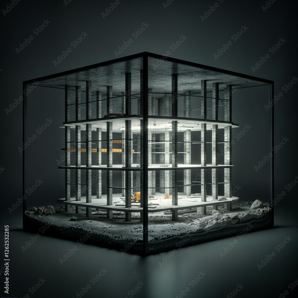 Poster dark model of construction of a frame made of reinforced concrete blocks . generative ai