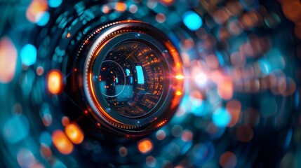 close-up camera lens AI interface data points blue orange spiral light effects