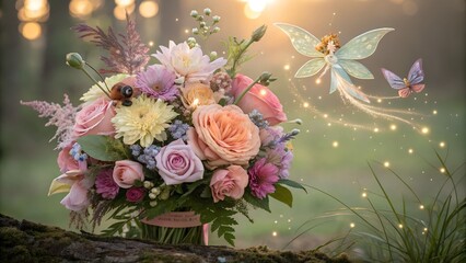 This is a whimsical and enchanting image featuring a vibrant bouquet of pastel-colored flowers in a natural