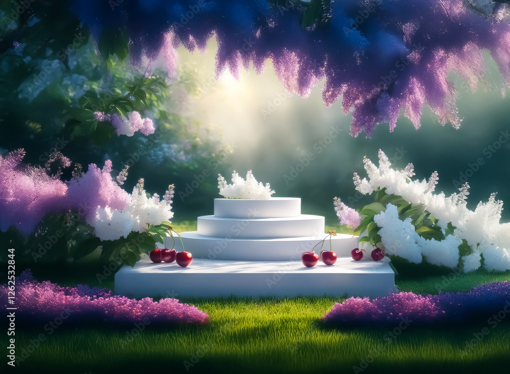 Poster A tiered white platform stands in a lush garden with flowers and cherries. Soft light filters through the foliage, creating a serene atmosphere.