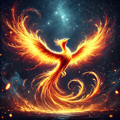 Majestic phoenix rising from flames under starry sky