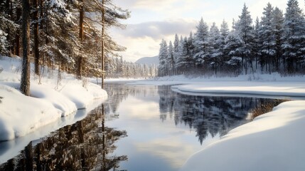 Winter river reflection, snowy forest, tranquil landscape, nature scene