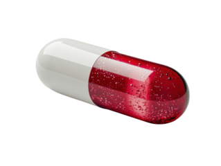 red and white capsule with bubbles, symbolizing health and medicine