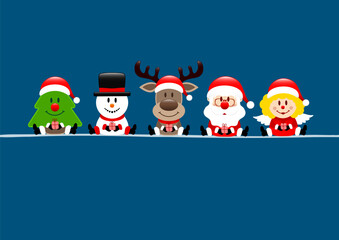 Karte Baum Schneemann Rentier Weihnachtsmann Und Engel Dunkelblau