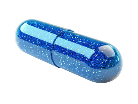 blue capsule filled with sparkling beads, representing health and wellness
