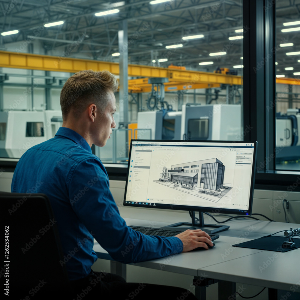 Poster engineer architect designs a building in front of a computer monitor . generative ai