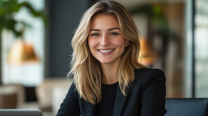 Fototapeta premium Portrait of smiling Caucasian confident business young woman 20-25 years old in business suit sitting in office and working on laptop