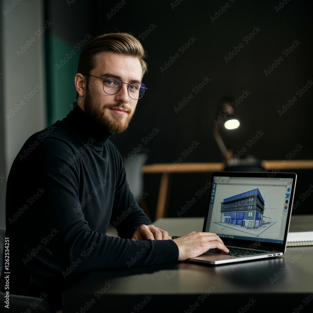 Poster engineer architect designs a building in front of a computer monitor . generative ai