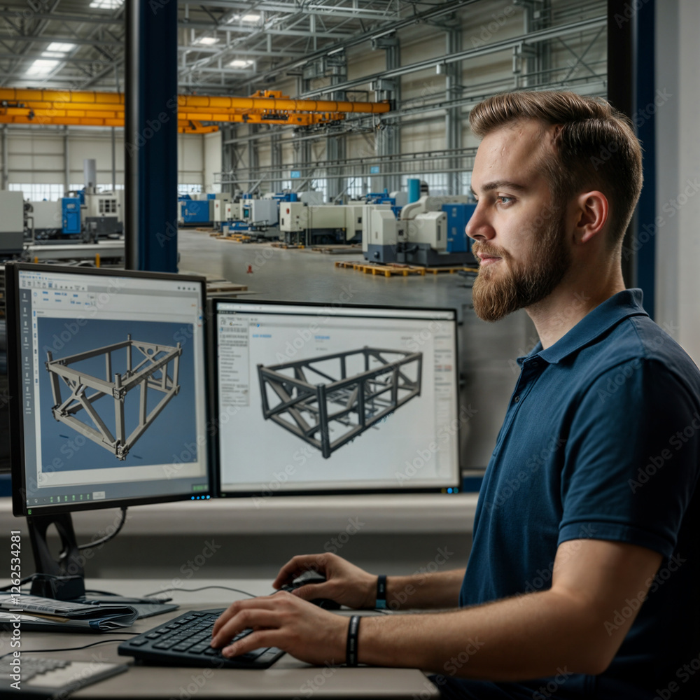 Poster engineer architect designs a building in front of a computer monitor . generative ai