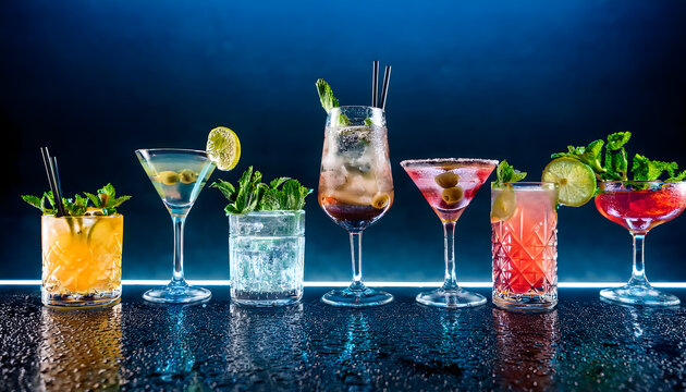 A stylish and vibrant bar scene featuring an array of cocktails or alcoholic drinks in different glassware