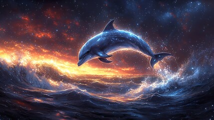 Fototapeta premium Mystical dolphin leaping, starry ocean sunset