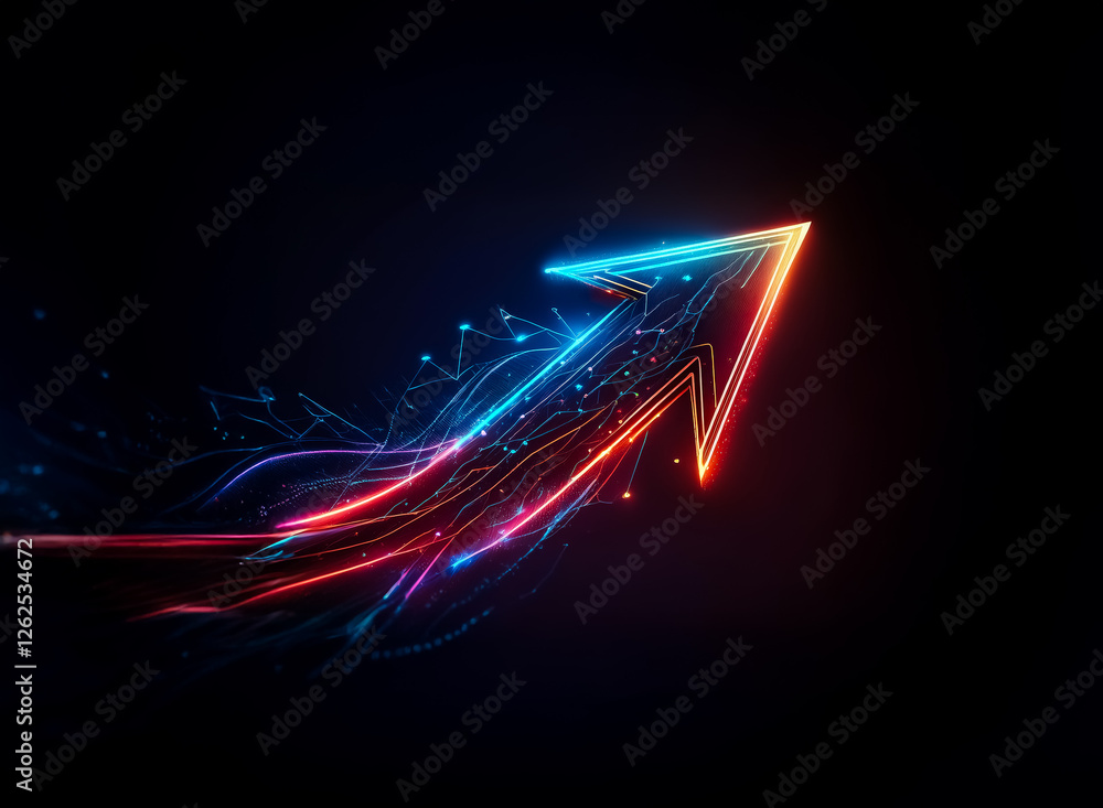 Aufkleber A vibrant neon arrow streaks upwards against a stark black backdrop.  Illuminated with red and blue light trails, it conveys a sense of futuristic digital motion and forward direction.