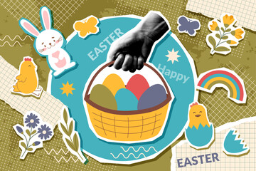 Easter collage banner with human hand photo and Easter objects - basket, bunny, chicken, eggs in pop art style. Easter trendy background.