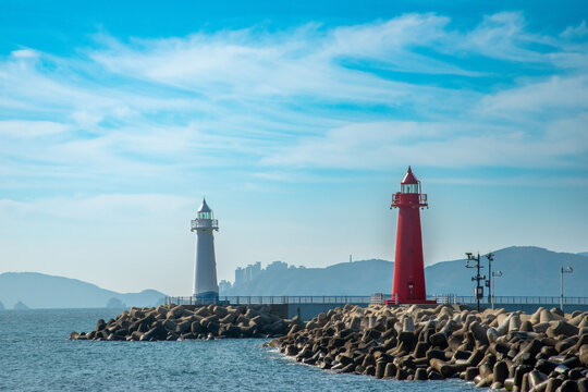 White and red lighthouse at Cheongsapo in Busan.