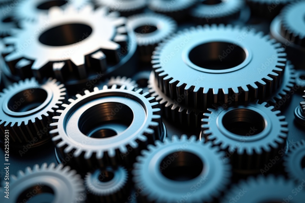 Poster intricately interconnected gears and cogs forming a mechanical background in a close-up view of indu