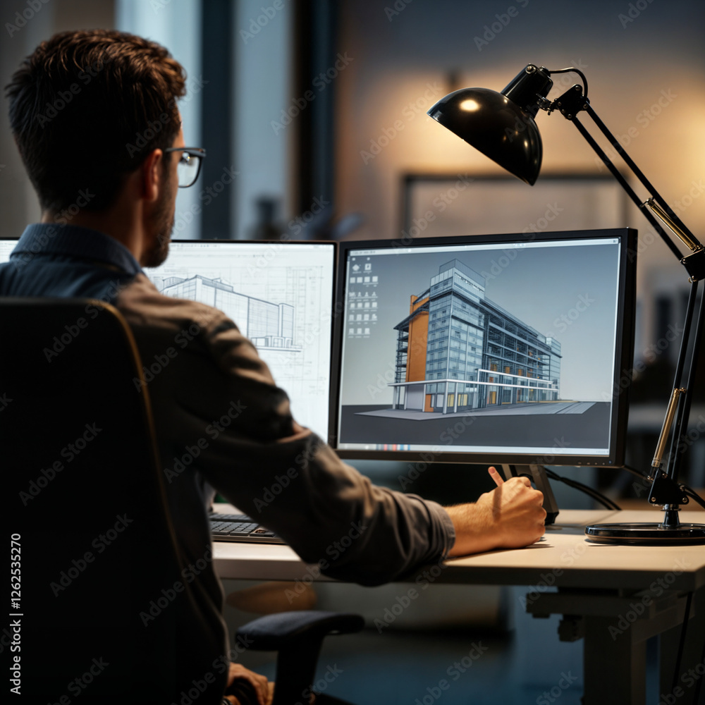 Poster engineer architect designs a building in front of a computer monitor . generative ai