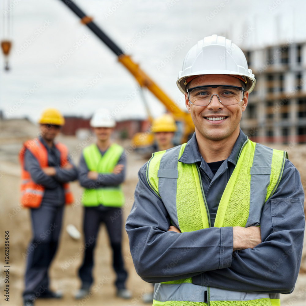 Poster cheerful builder at construction site . generative ai . generative ai