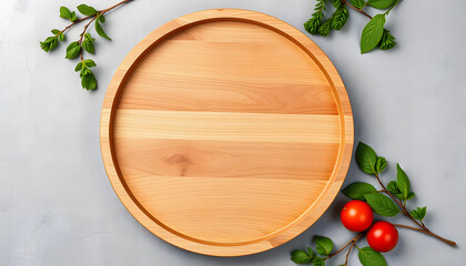 Empty round wooden plate on gray cement table background, banner with copy space, Blank wood tray for food display montage, template, mock up, top view, flat lay, pixel art. with white shades
