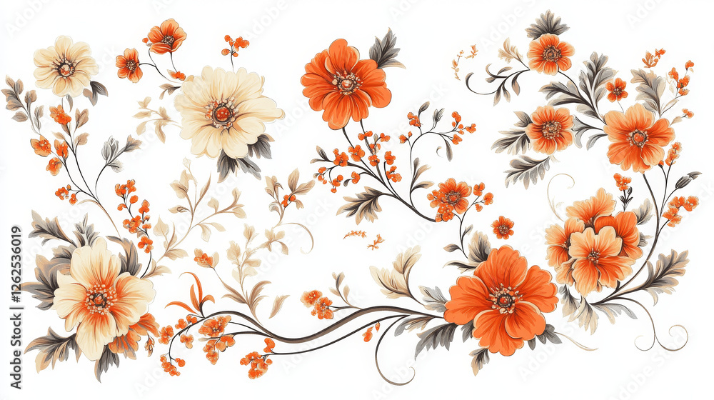 Poster set of vintage floral patterns and embellishments isolated on white background. jpeg version also av