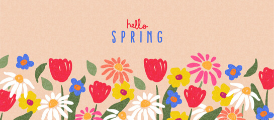 Cute Hello Spring card or horizontal poster for spring holidays with wildflowers, daisies, and tulips pattern. Hand drawn Floral art template for Easter, birthday or Mothers Day decor and greetings