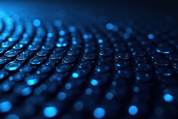 Fototapeta premium Captivating Close-Up of Blue Water Droplets on a Surface, Showcasing Intricate Patterns and Textures Under Soft Lighting in a Dark Environment
