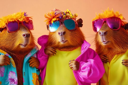 Creative animal concept. Group of capibara in funky Wacky wild mismatch colourful outfits on bright background advertisement, copy space. birthday party invite invitation banner