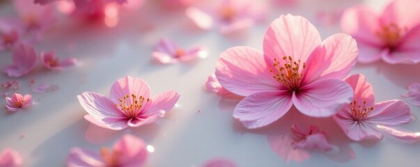 Floating cherry blossoms & ranunculus in milky liquid, soft focus, abstract art, bud, airy, wallpaper