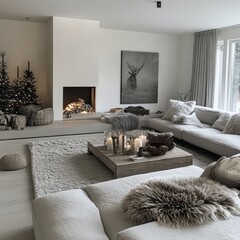 A neutral cozy living room showcasing winter themed decorations