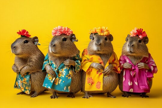 Creative animal concept. Group of capibara in funky Wacky wild mismatch colourful outfits on bright background advertisement, copy space. birthday party invite invitation banner