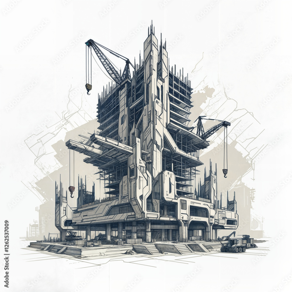 Poster architectural sketch of a modern construction of a building of the future . generative ai