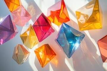 Colorful glass geometric shapes, illuminated by sunlight, casting shadows on a white background.