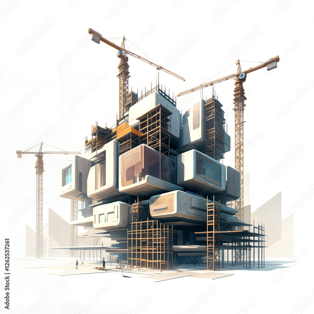 Poster architectural sketch of a modern construction of a building of the future . generative ai